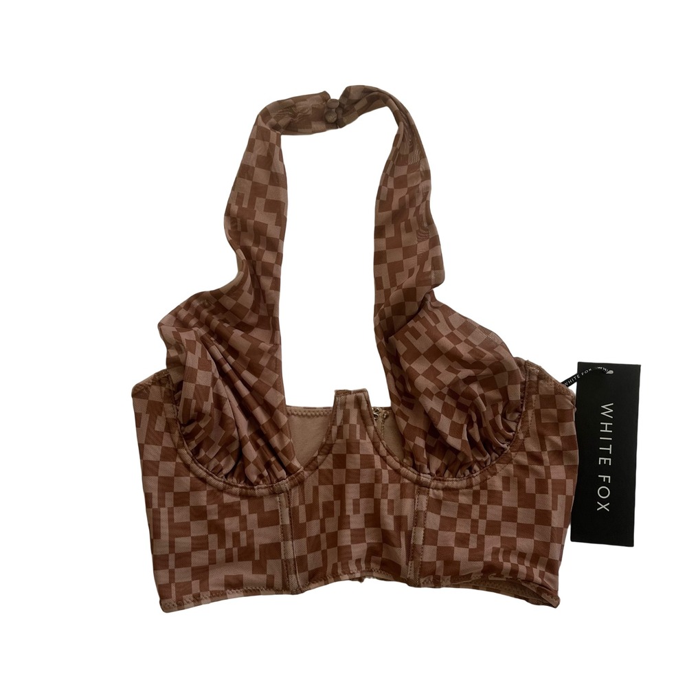 White Fox Bad Habits Bustier Women S Brown NEW Checkered Halter Corset Top